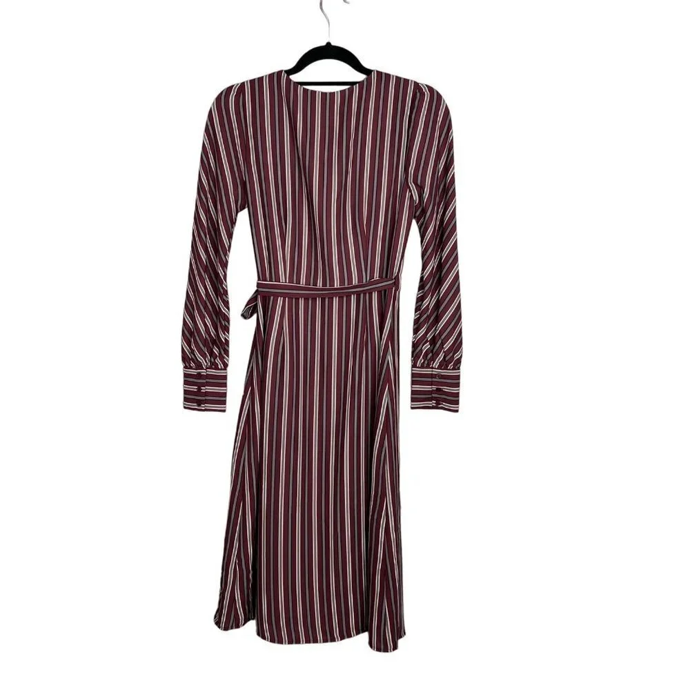 NWOT Chelsea28 Long Sleeve Striped‎ Wrap Dress Midi V-Neck Burgandy XS